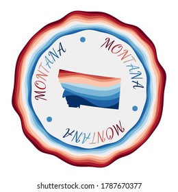 Montana badge. Map of the us state with beautiful geometric waves and vibrant red blue frame. Vivid round Montana logo. Vector illustration.