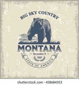 Montana Big Sky Country, stylized emblem of the state of America, grizzly, bear, vintage