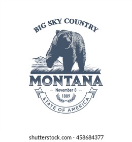 Montana Big Sky Country, stylized emblem of the state of America, grizzly, bear, blue color