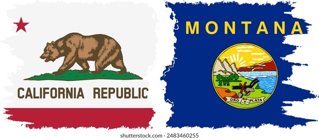 Montana and California states grunge brush flags connection, vector