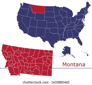 Montana counties vector map with USA map colors national flag