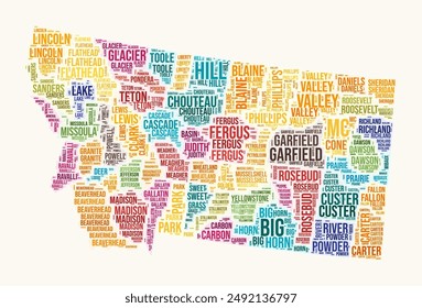 Montana counties word cloud. State logo design. Counties typography style vector image. Montana colored text cloud. Modern vector illustration.