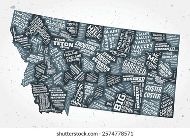 Montana counties word clouds. State shape on textured background. Montana design in typographic style. Amazing vector illustration.