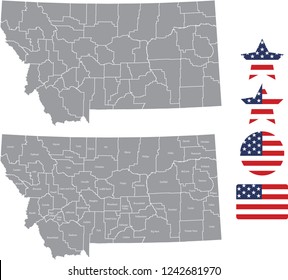 Montana county map vector outline in gray background. Montana state of USA map with counties names labeled and United States flag icon vector illustration designs