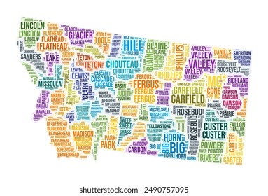 Montana county word cloud. State shape design. Montana colored illustration. County names collage cloud. Vector illustration.