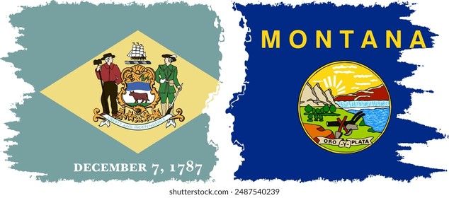 Montana and Delaware states grunge brush flags connection, vector