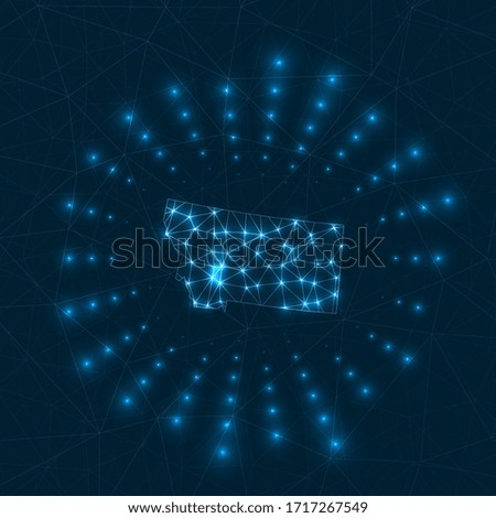 Montana digital map. Glowing rays radiating from the US state. Network connections and telecommunication design. Vector illustration.