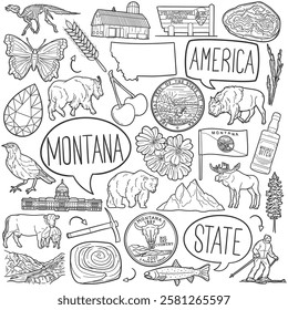 Montana Doodle Icons Black and White Line Art. Usa State Clipart Hand Drawn Symbol Design.