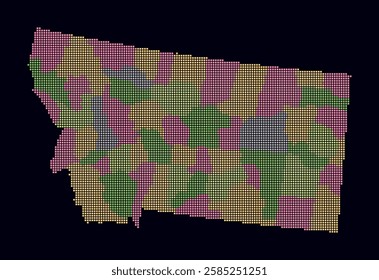 Montana dotted map. Digital style map of the state on dark background. Montana shape with square dots. Colored dots style. Small size squares. Creative vector illustration.