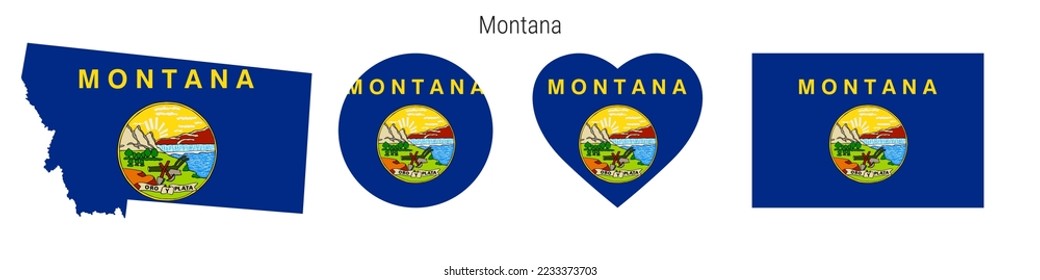 Montana flag icon set. American state pennant in official colors and proportions. Rectangular, map-shaped, circle and heart-shaped. Flat vector illustration isolated on white.