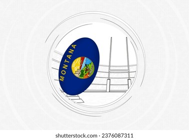 Montana flag on rugby ball, lined circle rugby icon with ball in a crowded stadium. Vector sport emblem on abstract background.