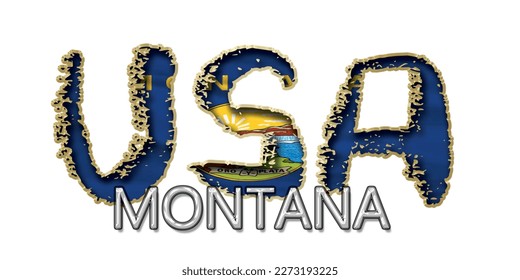 MONTANA flag (USA) 3d light bulb alphabet with gold frame isolated on white background. gold glossy dripping  font. Vector illustration.