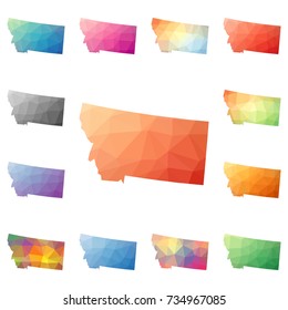 Montana geometric polygonal, mosaic style US state maps collection. Bright abstract tessellation, low poly style, modern design. Montana polygonal maps for your infographics or presentation.