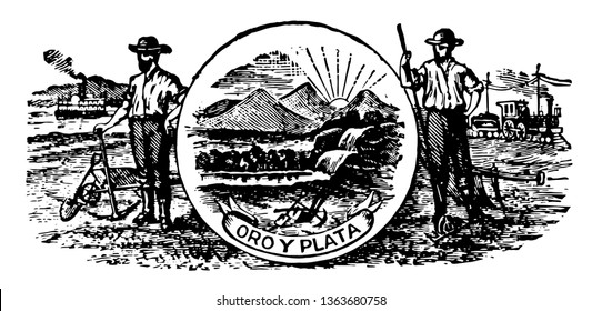 Montana great seals outer ring contains the text" The great seal of the state of Montana" and inner circle shows Montana natural beauty  vintage line drawing.