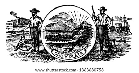 Montana great seals outer ring contains the text" The great seal of the state of Montana" and inner circle shows Montana natural beauty  vintage line drawing.