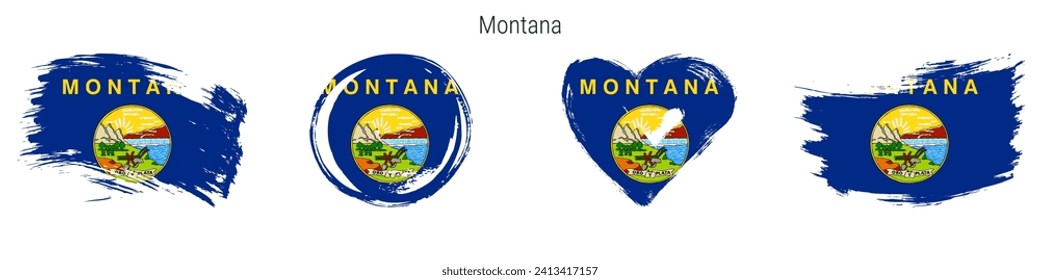 Montana hand drawn grunge style flag icon set. US state banner in official colors. Free brush stroke shape, circle and heart-shaped. Flat vector illustration isolated on white.