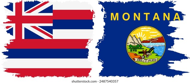 Montana and Hawaii states grunge brush flags connection, vector