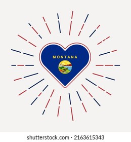 Montana heart with flag of the us state. Sunburst around Montana heart sign. Vector illustration.