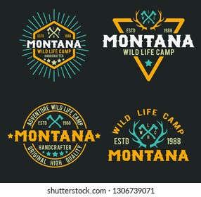 Montana. Hipster-Stil. Vintage, Retro und Natur. Logotype Wildlebedecke und Park. Seriell handgefertigte Schriftart.