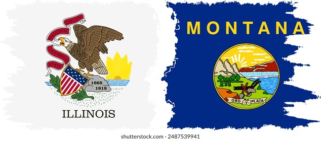 Montana and Illinois states grunge brush flags connection, vector