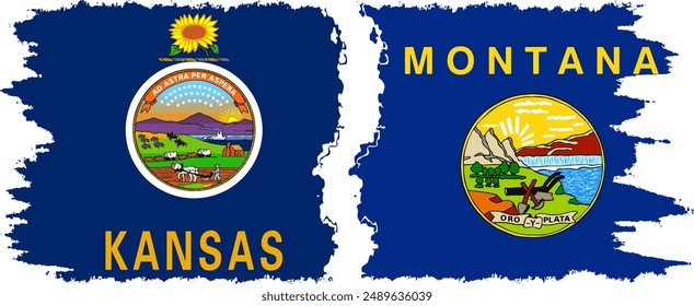 Montana and Kansas states grunge brush flags connection, vector