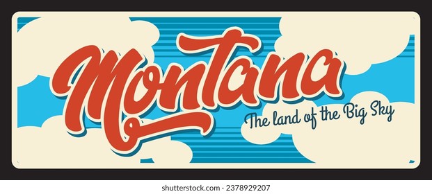 Tierra de Montana de cielo grande, placa de viajes y turismo del estado de EEUU, cartel con el vector estado americano. Postal de lata vintage, estado en la zona montañosa oeste de Estados Unidos, capital Helena