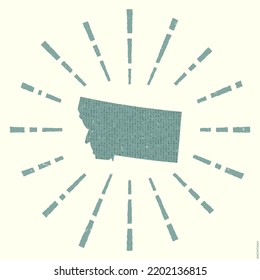 Montana Logo. Grunge sunburst poster with map of the us state. Shape of Montana filled with hex digits with sunburst rays around. Authentic vector illustration.