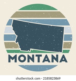 Montana logo. Sign with the map of US state and colored stripes, vector illustration. Can be used as insignia, logotype, label, sticker or badge of Montana.