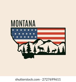 Montana Mapa Borda com silhueta de montanha e veado, fundo da bandeira americana, perfeito para impressão, vestuário, etc