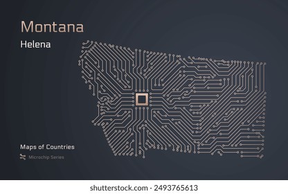 Montana Map with a capital of Helena Shown in a Microchip Pattern. Silicon valley, E-government. United States vector maps. Microchip Series	
