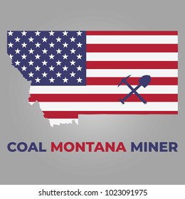 Montana map with coal miner logo and USA flag