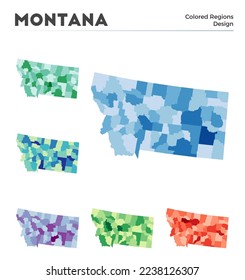 Montana map collection. Borders of Montana for your infographic. Colored US state regions. Vector illustration.