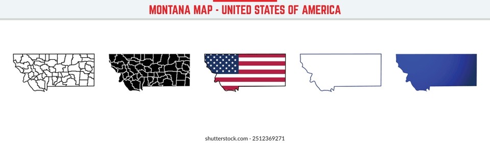 Mapa de Montana con icono de trazo editable. Montana USA Icono de línea delgada del estado, Ilustración vectorial del mapa de Montana, Montana, MT mapa de Vector de silueta azul