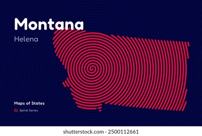 Montana Map in Spiral Formation: Helena Takes Center Stage. Fingerprint and stripes pattern. American states maps