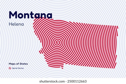 Montana Map in Spiral Formation: Helena Takes Center Stage. Fingerprint and stripes pattern. American states maps