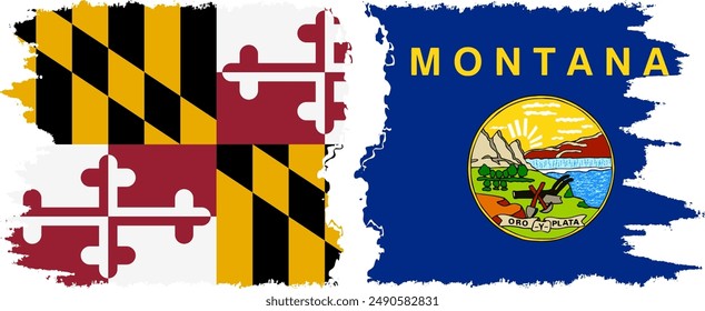 Montana and Maryland states grunge brush flags connection, vector