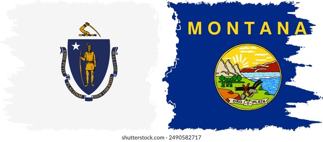 Montana and Massachusetts states grunge brush flags connection, vector