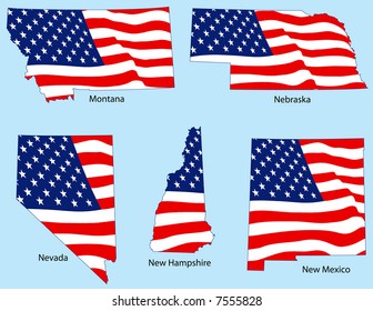 Montana, Nebraska, Nevada, New Hampshire and New Mexico outlines with flags, each individually grouped