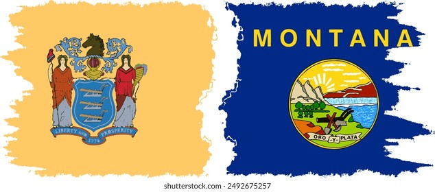 Montana and New Jersey states grunge brush flags connection, vector