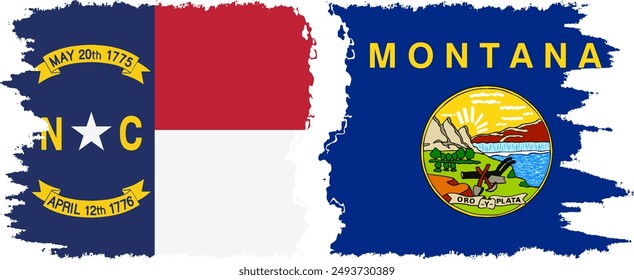 Montana and North Carolina states grunge brush flags connection, vector