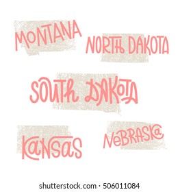 Montana, North Dakota, South Dakota, Kansas, Nebraska USA state outline art with custom lettering for prints and crafts. United states of America wall art of individual states
