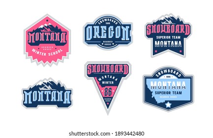 Montana and Oregon snowboarding emblem set. Graphic design for sticker and t-shirt. Color print on white background