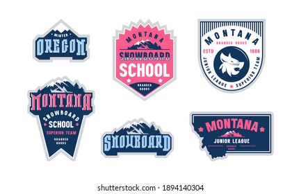 Montana and Oregon snowboarding emblem set. Graphic design for sticker and t-shirt. Color print on white background