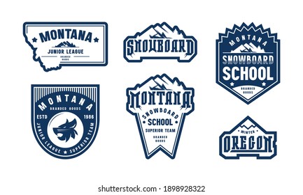 Snowboarden-Emblem von Montana und Oregon. Grafikdesign für Aufkleber und T-Shirt. Schwarzer Druck auf weißem Hintergrund