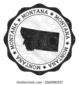 Montana outdoor stamp. Round sticker with map of us state with topographic isolines. Vector illustration. Can be used as insignia, logotype, label, sticker or badge of the Montana.