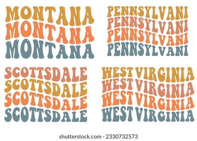 Montana, Pennsylvania, Scottsdale, West Virginia Travel States Tourist Family Vacation retro wavy SVG bundle T-shirt designs