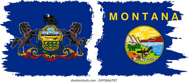 Montana and Pennsylvania states grunge brush flags connection, vector