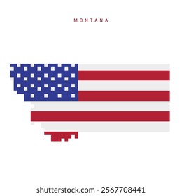 Montana pixel flag map icon. 8 bit pixel art map covered with american flag. Flat vector illustration isolated on white background.