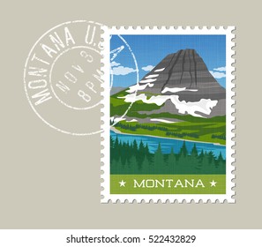 Montana, postage stamp design. 
Vector illustration of snowy mountain and forest. Grunge postmark on separate layer