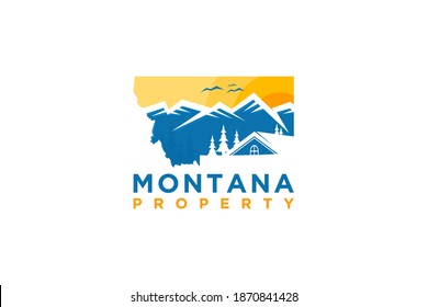 Montana Property Logo, Mountain Landscape House Icon, Simple Minimalist Modern Design.